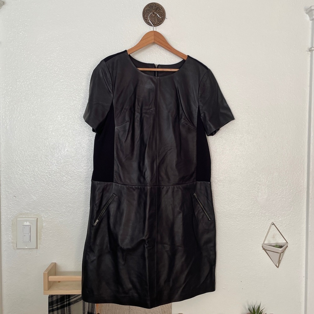 Halogen Womens Black Leather Knit Mixed Media Shift Dress Short Sleeve Size L